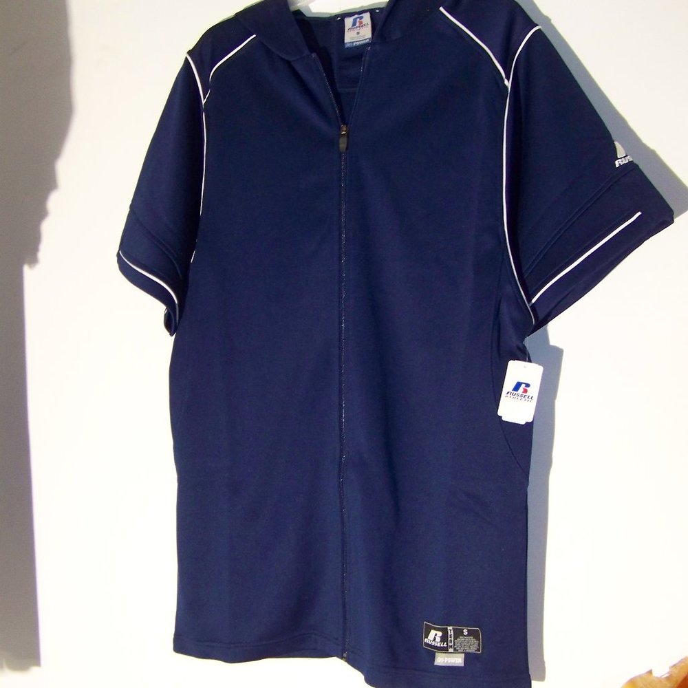 RUSSELL Dri Power BASKETBALL Warm Up SHORT SLEEVE Hoodie Shirt SMALL NAVY BLUE